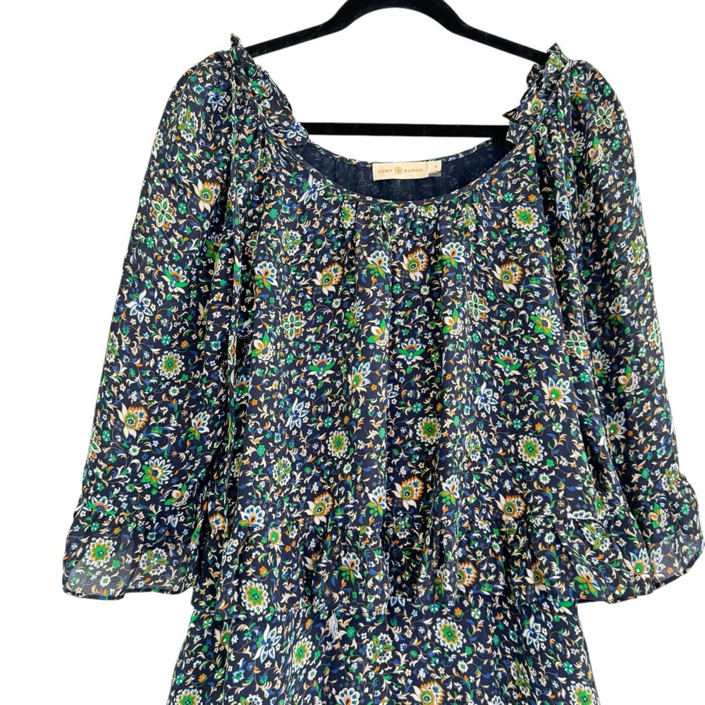 Tory Burch Navy Blue Flora Ruffle Womens Mini Dress Size 4 - Picture 3 of 15